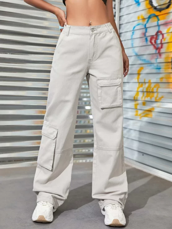 Solid Zipper Fly Long Wide Cargo Leg Jeans