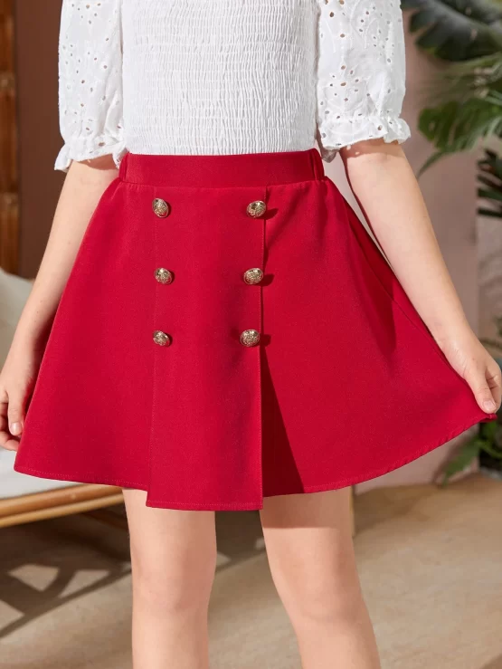 Girls Double Breasted Button Front Flare Detail Skirt