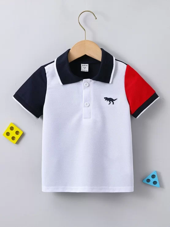 Toddler Boys Dinosaur Embroidery Color Block Polo Shirt