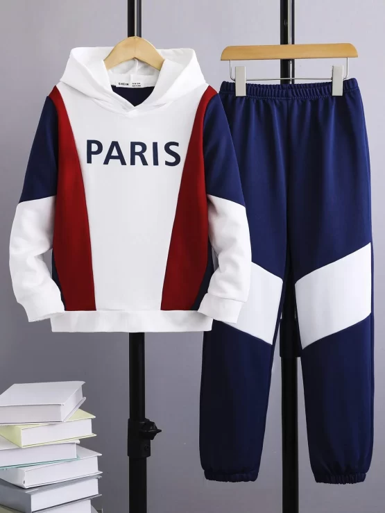 Boys Letter Graphic Color Block Hoodie & Sweatpants