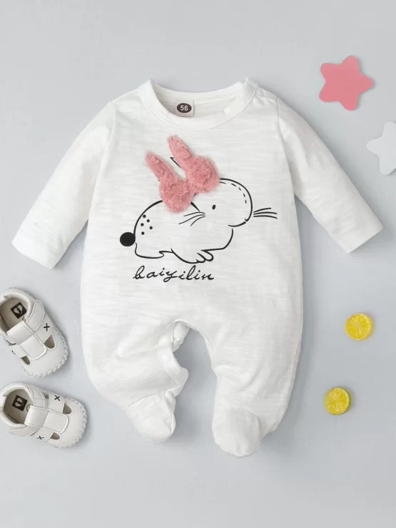 Baby Cartoon & Letter Patched Detail Footed Sleep Graphic Jumpsuit