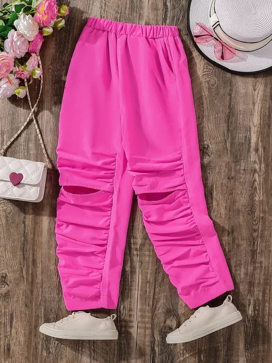 Girls Solid Casual Cut Out Ruched Waist Pants