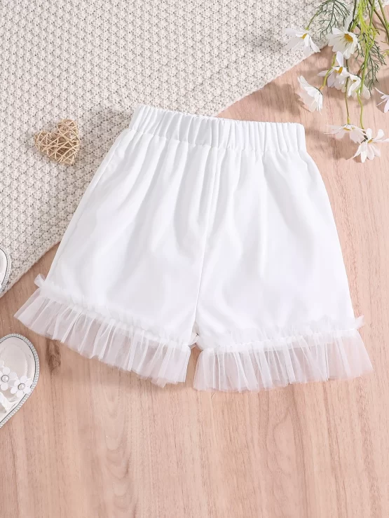 Girls Contrast Mesh Ruffle Hem Print Shorts