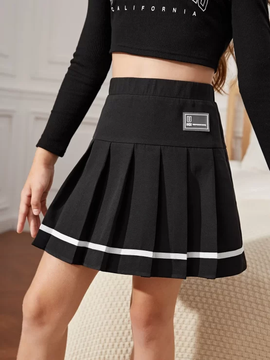 Girls High Waist Patched Pleated Detail Skirt