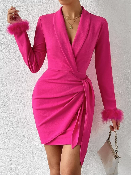 Shawl Collar Fuzzy Cuff Tie Side Wrap Dress