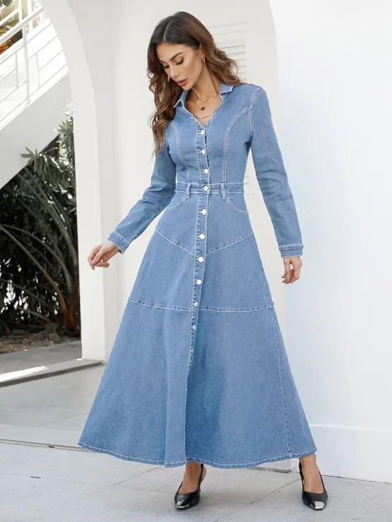 Pocket Button Collar Shirt Denim Front Dress