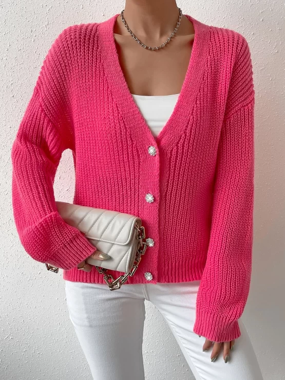Button Front Ribbed Knit Drop Shoulder Cardigan