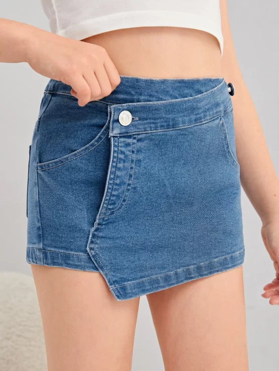 Girls Asymmetrical Pocket Hem Denim Skort