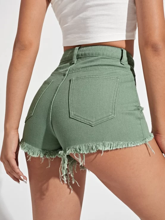 Raw Hem Button Pocket Ripped Denim Shorts - Image 2
