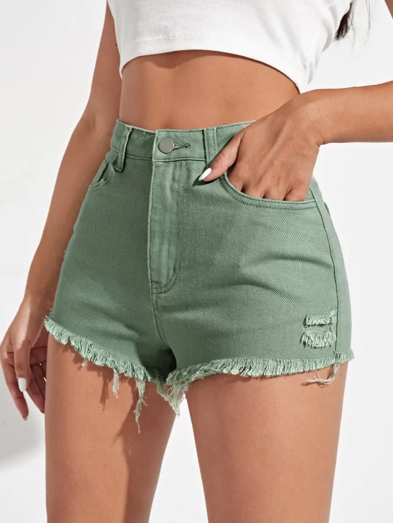 Raw Hem Button Pocket Ripped Denim Shorts - Image 3