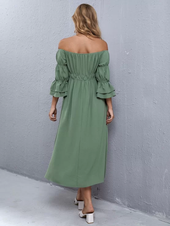 Maternity Off Shoulder Gathered Flounce Solid Sleeve Dress - Image 4