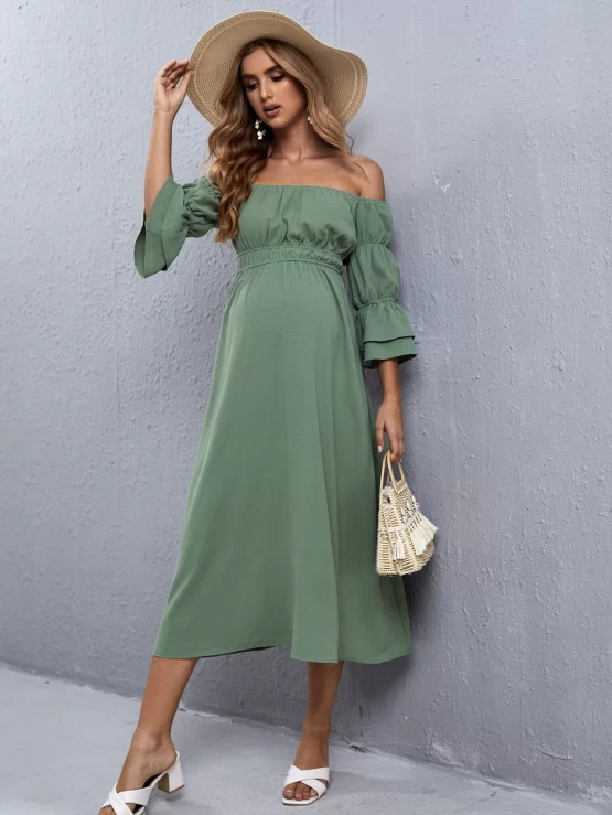 Maternity Off Shoulder Gathered Flounce Solid Sleeve Dress - Image 5