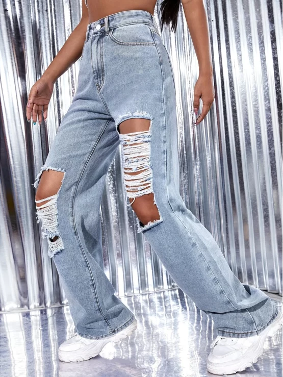 High Waist Ripped Zipper Wide Leg Jeans - Image 4