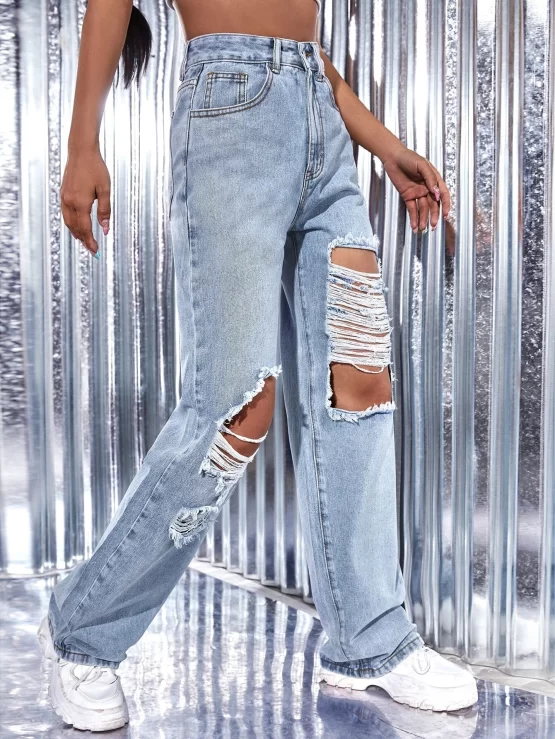 High Waist Ripped Zipper Wide Leg Jeans - Image 5