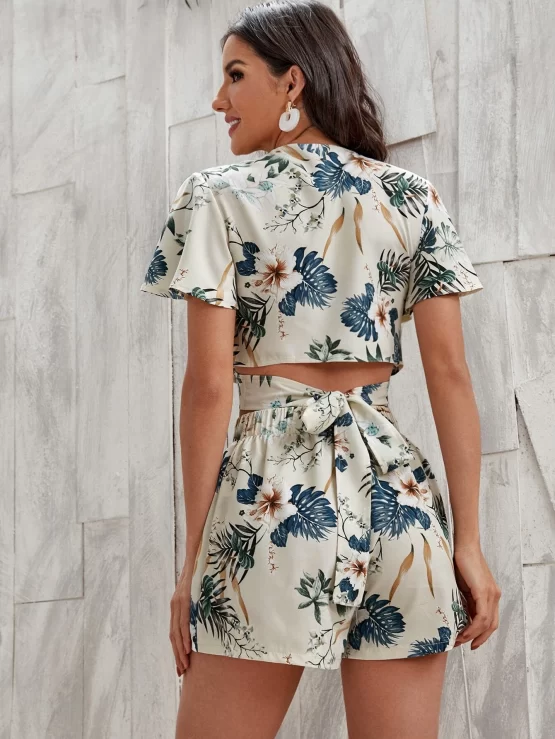 Floral And Tropical Print Crop Wrap Top With Shorts - Image 2