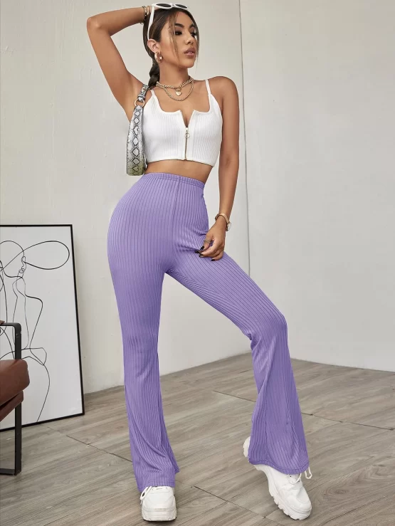 EZwear Solid Ribbed Knit Flared Leg Pants - Image 2