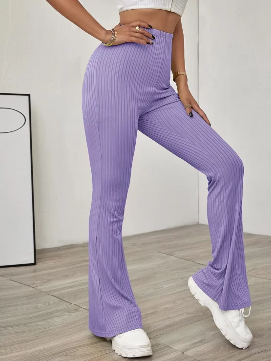 EZwear Solid Ribbed Knit Flared Leg Pants - Image 3