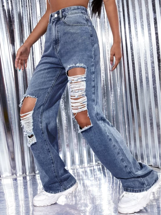 High Waist Ripped Zipper Wide Leg Jeans - Image 2
