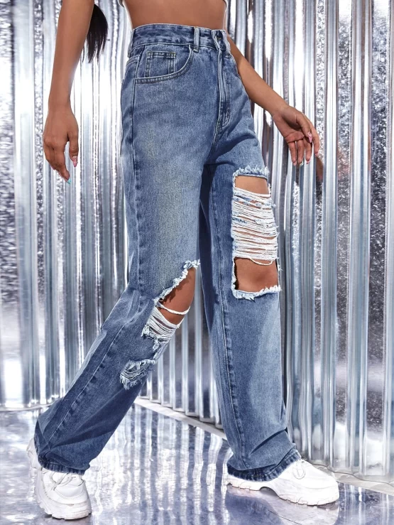 High Waist Ripped Zipper Wide Leg Jeans - Image 3
