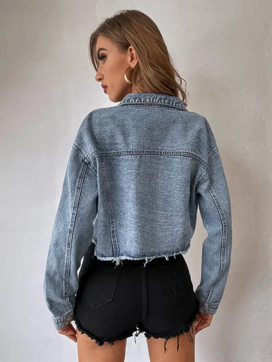 Drop Shoulder Rhinestone Fringe Trim Raw Cut Crop Denim Jacket - Image 2