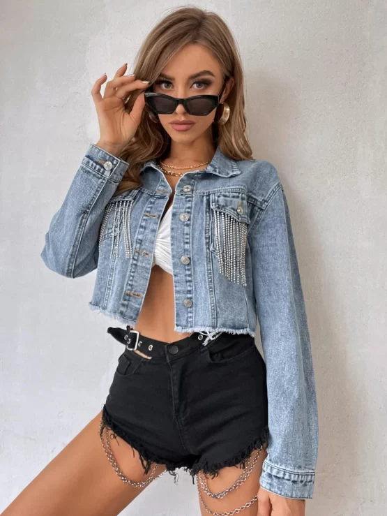 Drop Shoulder Rhinestone Fringe Trim Raw Cut Crop Denim Jacket - Image 3