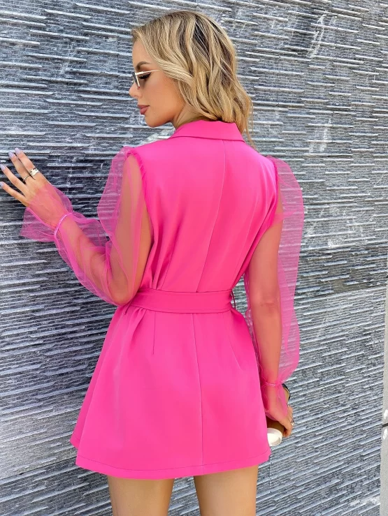 Belted Contrast Mesh Sleeve Blazer Button Dress - Image 2
