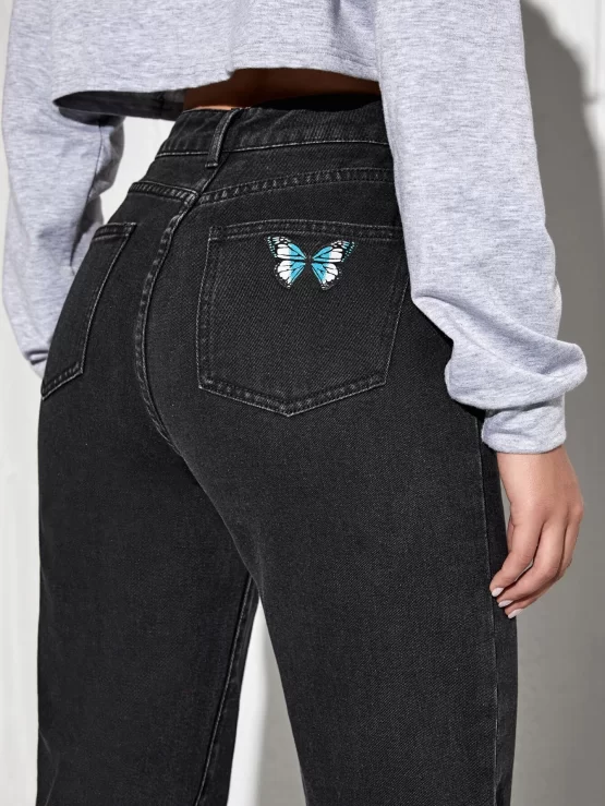 Butterfly Zipper Fly Print Wide Leg Jeans - Image 3