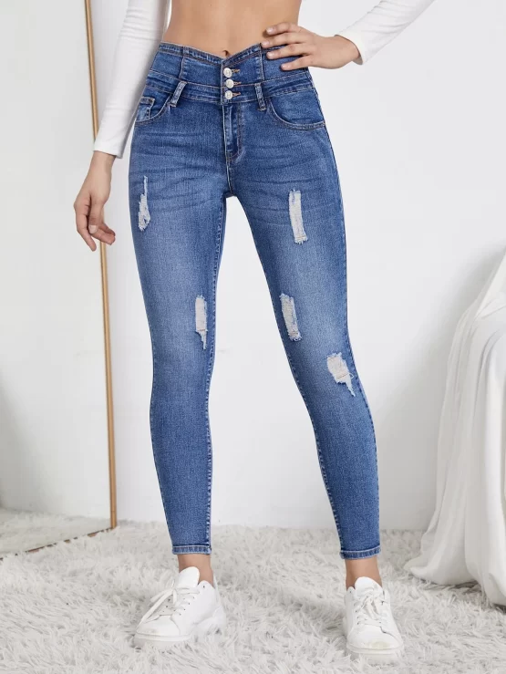 Button Fly Front Pocket Ripped Skinny Jeans - Image 2
