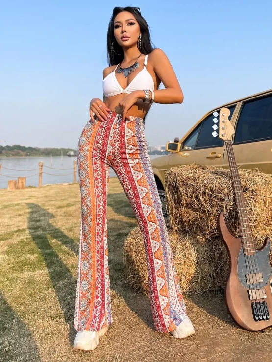 High Waist Boho Floral Print Flare Leg Pants - Image 2
