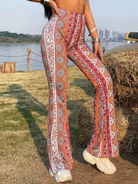 High Waist Boho Floral Print Flare Leg Pants - Image 3