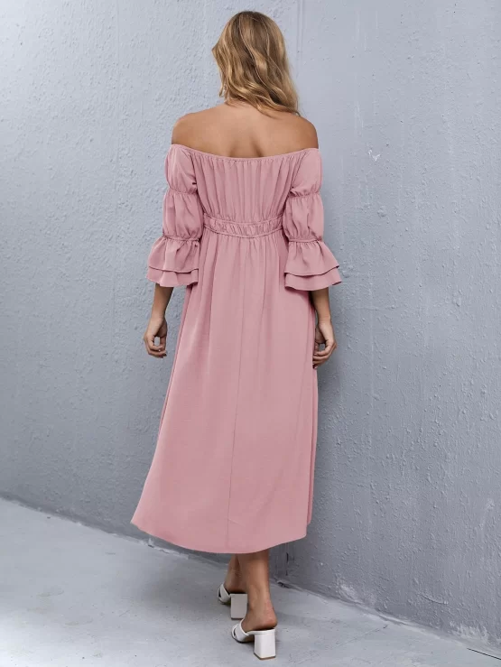 Maternity Off Shoulder Gathered Flounce Solid Sleeve Dress - Image 2