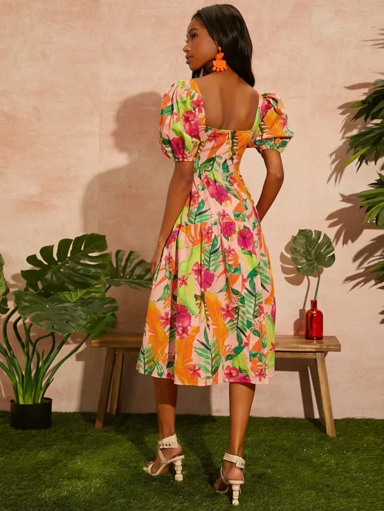 Tropical Print Twist Boho Cut Out Front Dress - Image 3