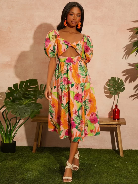 Tropical Print Twist Boho Cut Out Front Dress - Image 2