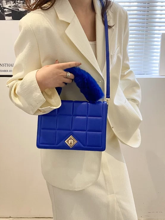 Fluffy Adjustable Handle Textured Flap Square Bag - Image 2