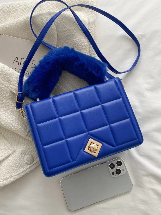 Fluffy Adjustable Handle Textured Flap Square Bag - Image 3