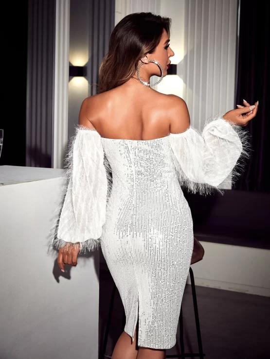 Off Shoulder Fringe Lantern Sleeve Slit Back Sequin Bodycon Dress - Image 2