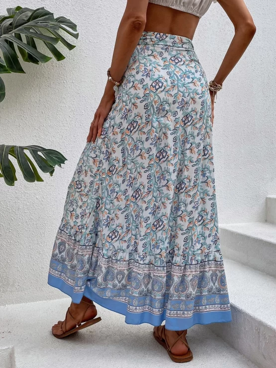 Floral Print Ruffle Trim Knot Side Wrap Skirt - Image 2