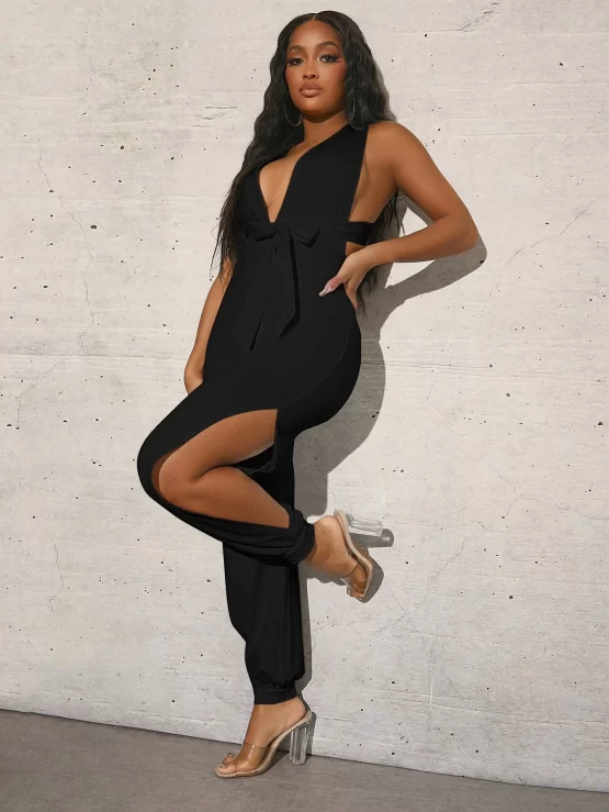 Plunging Neck Criss Cross Backless Split Belted Jumpsuit - Image 8