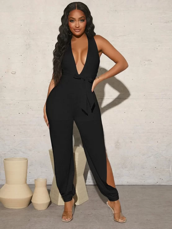 Plunging Neck Criss Cross Backless Split Belted Jumpsuit - Image 9