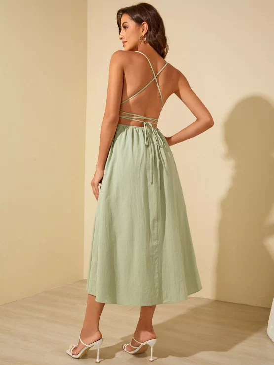 Lace Up Boho Backless Knot Front Cami Dress - Image 2