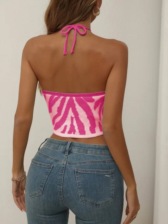 Graphic Pattern Criss Cross Backless Knit Halter Top - Image 2