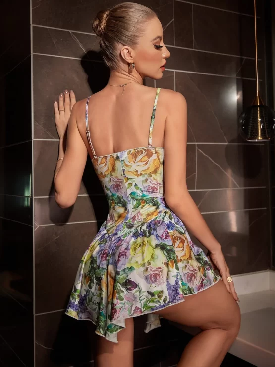 Floral Print Ruffle Hem Bustier Night Cami Dress - Image 3