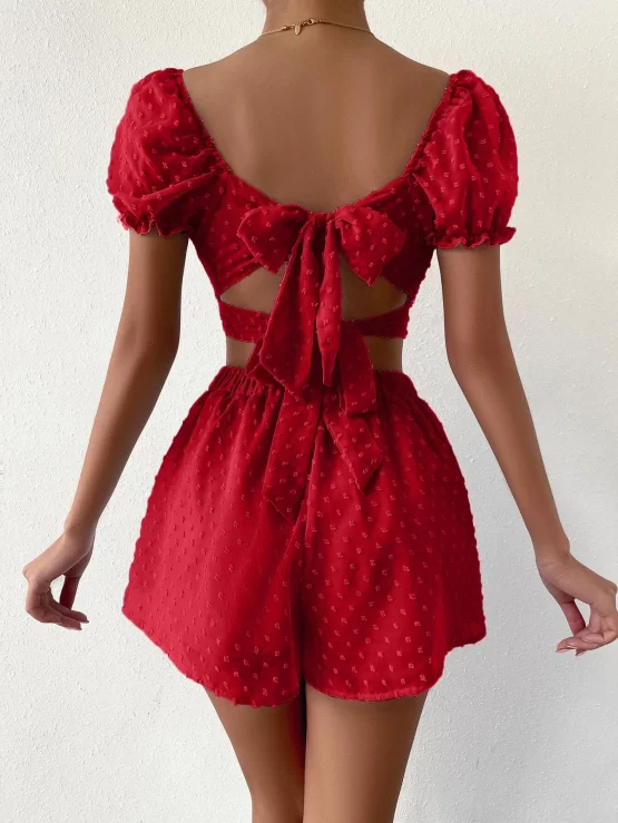 Swiss Dot Twist Front Puff Sleeve Tie Back Crop Top & Shorts - Image 4