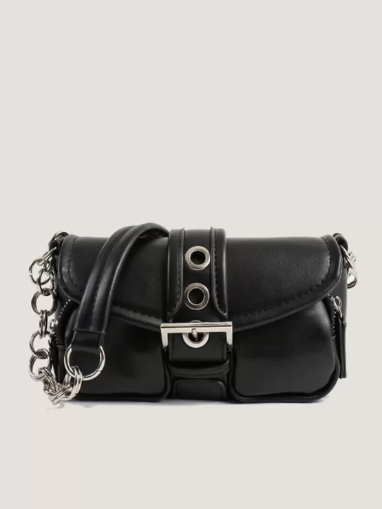 Eyelet Buckle Chain Decor Flap Baguette Bag - Image 2