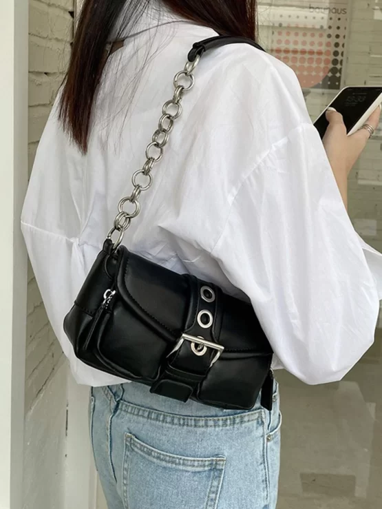 Eyelet Buckle Chain Decor Flap Baguette Bag - Image 3
