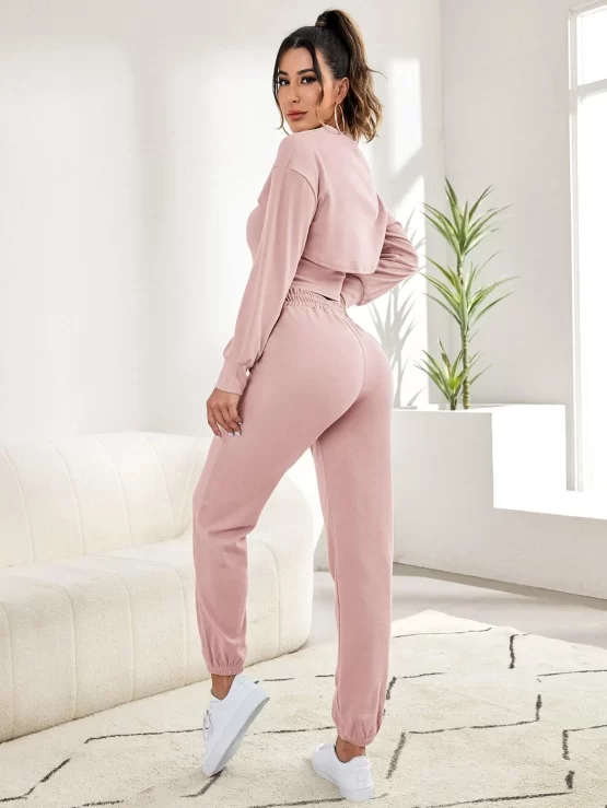 Three Pieces Scoop Neck Tank Top & Super Crop Pullover & Sweatpants Lounge Set - Image 4