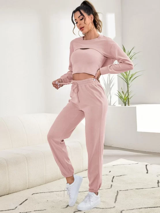 Three Pieces Scoop Neck Tank Top & Super Crop Pullover & Sweatpants Lounge Set - Image 5
