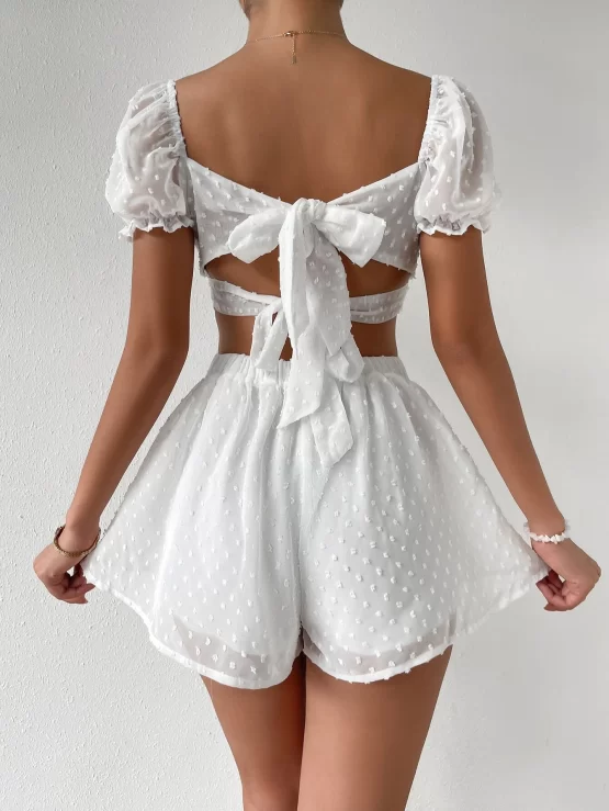 Swiss Dot Twist Front Puff Sleeve Tie Back Crop Top & Shorts - Image 2