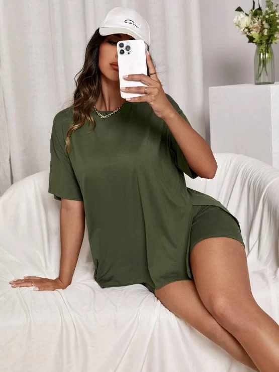 Drop Shoulder Split Hem Tee & Shorts Lounge Set - Image 3