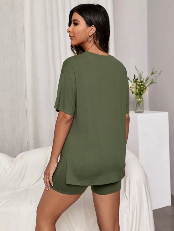 Drop Shoulder Split Hem Tee & Shorts Lounge Set - Image 2